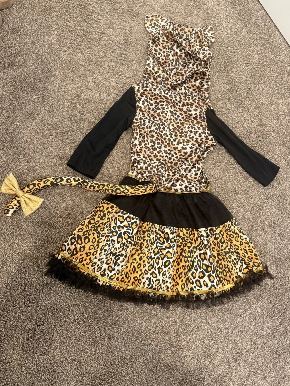Girls Leopard Print Hooded Costume Dress with Gold Bow